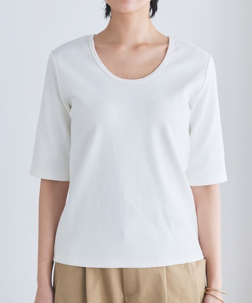RASW（ラス）の「[RASW]2way機能テレコ5分袖プルオーバー（Tシャツ/カットソー・レディース・オフホワイト/ブラック・L/M）」の5枚目の写真