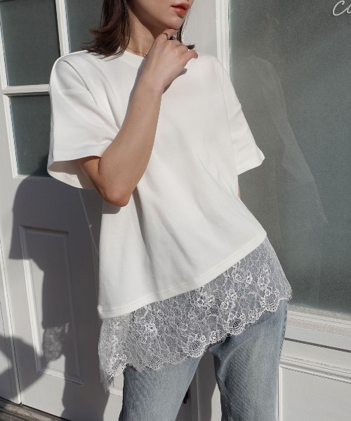 CORNERS(コーナーズ)の「裾レースアシメTシャツ(Tシャツ/カットソー・レディース・ブラック/ホワイト・M)」の2枚目の写真