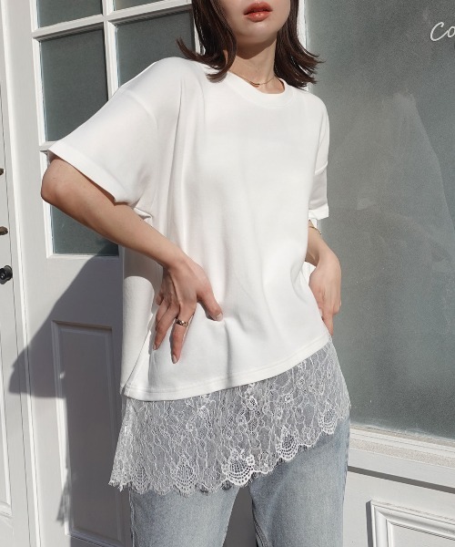 CORNERS(コーナーズ)の「裾レースアシメTシャツ(Tシャツ/カットソー・レディース・ブラック/ホワイト・M)」の5枚目の写真