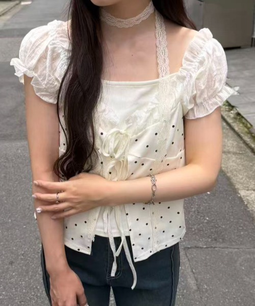 mebole(メボレ)の「Dolly Dot Ribbon Layered Top(Tシャツ/カットソー・レディース・ホワイト・FREE)」の3枚目の写真