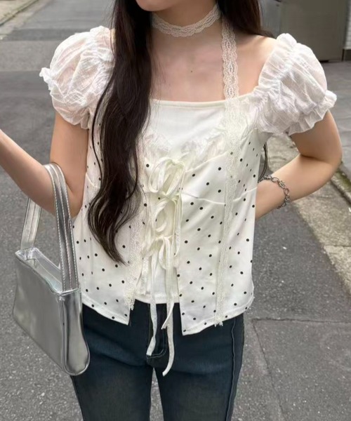 mebole(メボレ)の「Dolly Dot Ribbon Layered Top(Tシャツ/カットソー・レディース・ホワイト・FREE)」の2枚目の写真