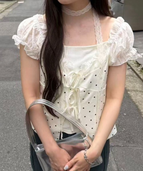 mebole(メボレ)の「Dolly Dot Ribbon Layered Top(Tシャツ/カットソー・レディース・ホワイト・FREE)」の4枚目の写真