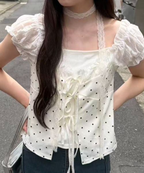 mebole(メボレ)の「Dolly Dot Ribbon Layered Top(Tシャツ/カットソー・レディース・ホワイト・FREE)」の5枚目の写真