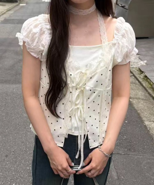 mebole(メボレ)の「Dolly Dot Ribbon Layered Top(Tシャツ/カットソー・レディース・ホワイト・FREE)」の6枚目の写真