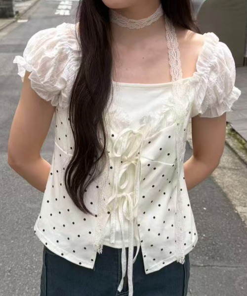 mebole(メボレ)の「Dolly Dot Ribbon Layered Top(Tシャツ/カットソー・レディース・ホワイト・FREE)」の7枚目の写真
