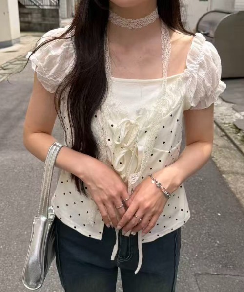 mebole(メボレ)の「Dolly Dot Ribbon Layered Top(Tシャツ/カットソー・レディース・ホワイト・FREE)」の10枚目の写真