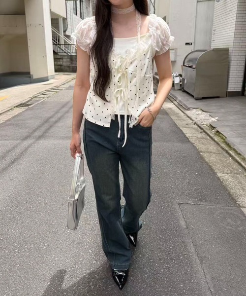 mebole(メボレ)の「Dolly Dot Ribbon Layered Top(Tシャツ/カットソー・レディース・ホワイト・FREE)」の14枚目の写真