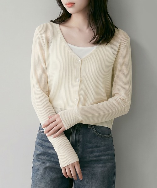 aimoha(アイモハ)の「Vネックリブニットトップス(カーディガン/ボレロ・レディース・ブラック/オフホワイト/ピンク・FREE)」の12枚目の写真