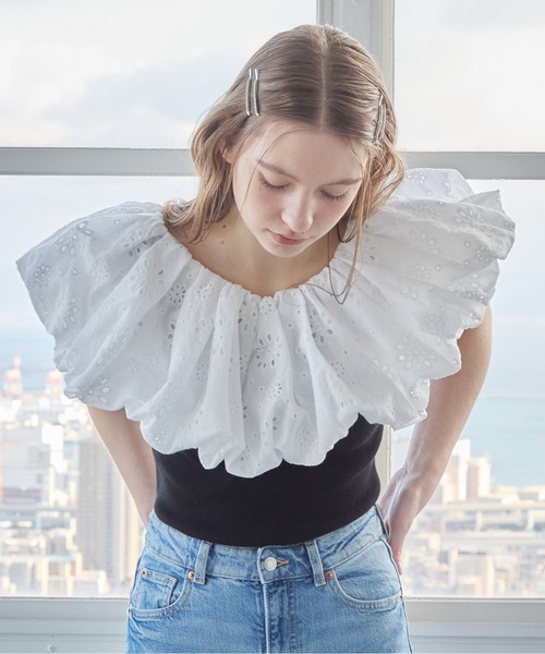 etre loin(エトルワン)の「エンブロイダリーバルーンカラーニットトップス / Embroidered balloon collar knit top(ニット/セーター・レディース・ブラック×ホワイト/グレー/ブラック・M)」の10枚目の写真