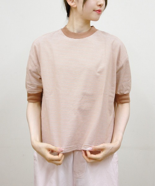 MEYAME(メヤメ)の「MEYAME/メヤメ ボーダーハーフスリーブTEE BORDER HALF SLEEVE TEE(Tシャツ/カットソー・レディース・ブルー/ブラウン/グリーン・FREE)」の3枚目の写真