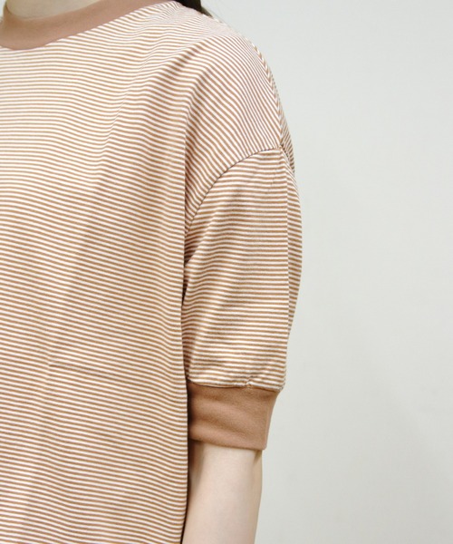 MEYAME(メヤメ)の「MEYAME/メヤメ ボーダーハーフスリーブTEE BORDER HALF SLEEVE TEE(Tシャツ/カットソー・レディース・ブルー/ブラウン/グリーン・FREE)」の6枚目の写真