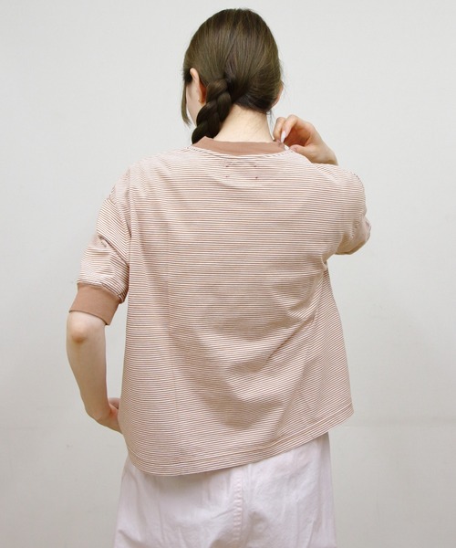 MEYAME(メヤメ)の「MEYAME/メヤメ ボーダーハーフスリーブTEE BORDER HALF SLEEVE TEE(Tシャツ/カットソー・レディース・ブルー/ブラウン/グリーン・FREE)」の8枚目の写真