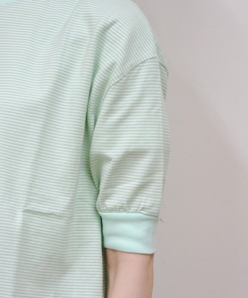 MEYAME(メヤメ)の「MEYAME/メヤメ ボーダーハーフスリーブTEE BORDER HALF SLEEVE TEE(Tシャツ/カットソー・レディース・ブルー/ブラウン/グリーン・FREE)」の17枚目の写真