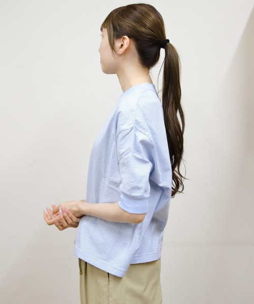 MEYAME(メヤメ)の「MEYAME/メヤメ ボーダーハーフスリーブTEE BORDER HALF SLEEVE TEE(Tシャツ/カットソー・レディース・ブルー/ブラウン/グリーン・FREE)」の13枚目の写真