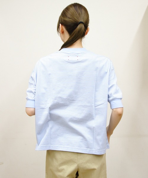 MEYAME(メヤメ)の「MEYAME/メヤメ ボーダーハーフスリーブTEE BORDER HALF SLEEVE TEE(Tシャツ/カットソー・レディース・ブルー/ブラウン/グリーン・FREE)」の14枚目の写真