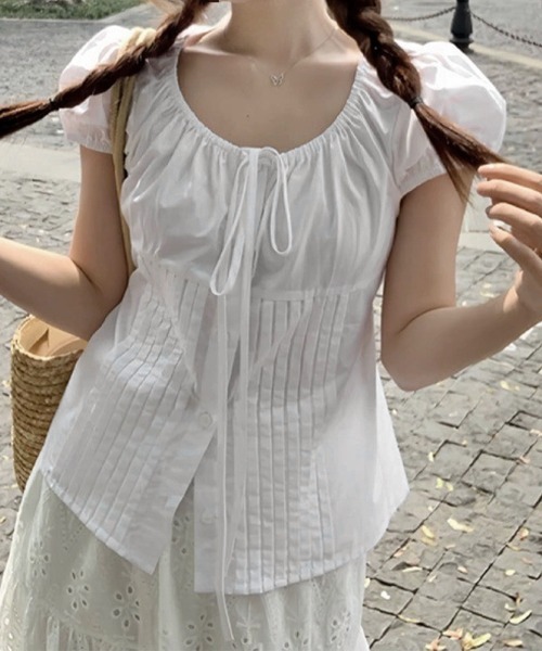 Miniministore(ミニミニストア)の「パフスリーブ プリーツリボンブラウス半袖(シャツ/ブラウス・レディース・ホワイト・M/L)」の3枚目の写真