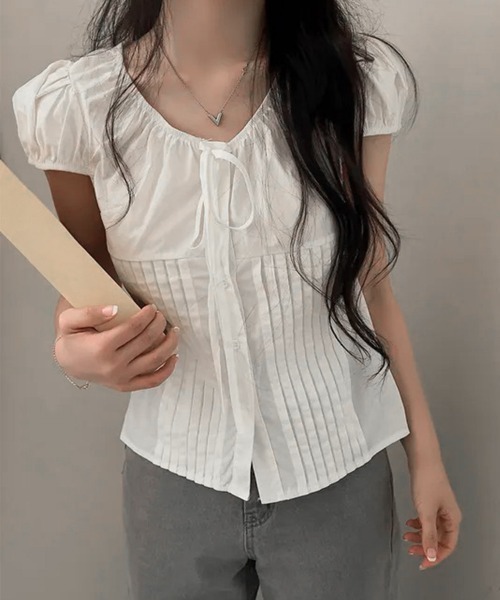 Miniministore(ミニミニストア)の「パフスリーブ プリーツリボンブラウス半袖(シャツ/ブラウス・レディース・ホワイト・M/L)」の10枚目の写真