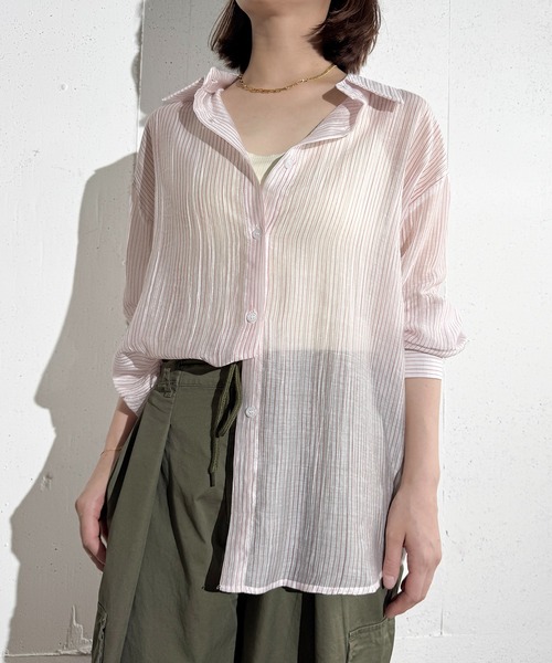 MAISON SELECT（メゾンセレクト）の「6C73 ストライプシアーシャツ（シャツ/ブラウス・レディース・ライトブルー/レッド/サックスブルー/グリーン・FREE）」の4枚目の写真