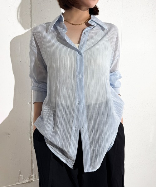 MAISON SELECT（メゾンセレクト）の「6C73 ストライプシアーシャツ（シャツ/ブラウス・レディース・ライトブルー/レッド/サックスブルー/グリーン・FREE）」の2枚目の写真