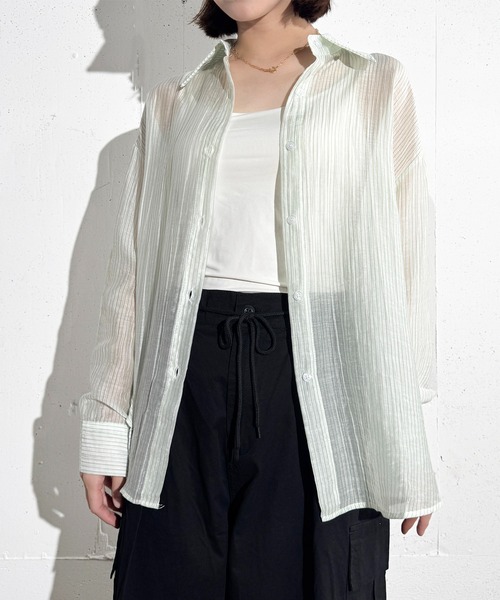 MAISON SELECT（メゾンセレクト）の「6C73 ストライプシアーシャツ（シャツ/ブラウス・レディース・ライトブルー/レッド/サックスブルー/グリーン・FREE）」の5枚目の写真