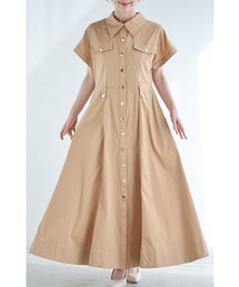エレガントなAラインシャツロングワンピース(ベルト付き)