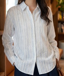 ストライプ×花柄シアー長袖シャツブラウス