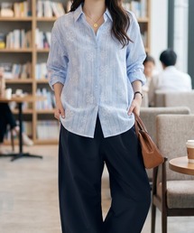 ストライプ×花柄シアー長袖シャツブラウス