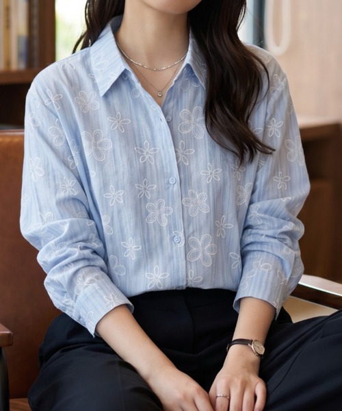 umune(ウムネ)の「ストライプ×花柄シアー長袖シャツブラウス(シャツ/ブラウス・レディース・オフホワイト/サックスブルー/ライトベージュ・FREE)」の12枚目の写真