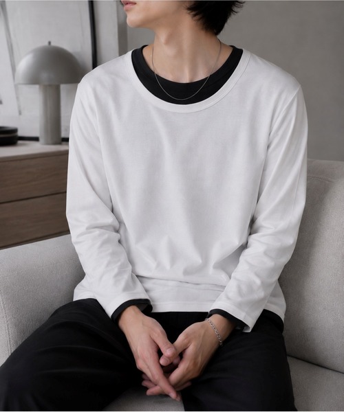 VIBGYOR(ヴィブジョー)の「【Bls】 【ZM】【Bling Leads】レイヤード風 UネックロンTEE(BL)(Tシャツ/カットソー・メンズ・グレイッシュベージュ/その他/ブラック/チャコールグレー/ホワイト・X-LARGE/LARGE)」の1枚目の写真