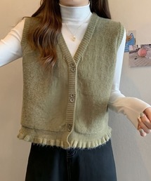 裾フリル ニットベスト Vネック 前開き レイヤード 韓国風 レディース