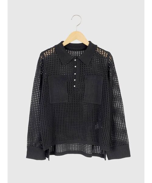 FIKA.（フィーカ）の「Mesh knit polo shirt（ニット/セーター・レディース・ブラック/アイボリー・MEDIUM）」の2枚目の写真