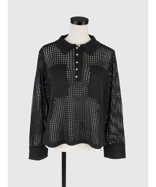 FIKA.（フィーカ）の「Mesh knit polo shirt（ニット/セーター・レディース・ブラック/アイボリー・MEDIUM）」の5枚目の写真