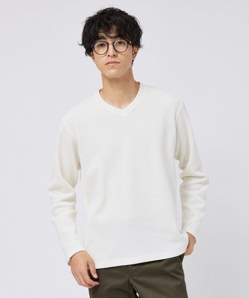 TAKEO KIKUCHI(タケオキクチ)の「【日本製】メッシュ ジャージ Vネック プルオーバー(スウェット・メンズ・オフホワイト・04/03/02)」の1枚目の写真