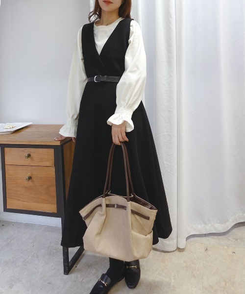 CORNERS(コーナーズ)の「フェイクウールノースリカシュクールワンピース(ワンピース・レディース・ブラック/グレー・M)」の6枚目の写真