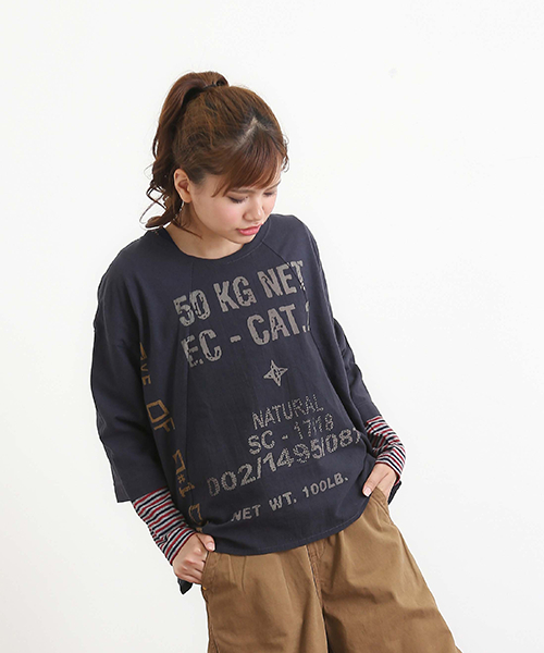 CUBE SUGAR（キューブシュガー）の「綿麻天竺×布帛ビッグクルーネックTシャツ（Tシャツ/カットソー・レディース・ネイビー/ホワイト/ナチュラル・M）」の3枚目の写真