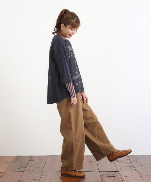 CUBE SUGAR（キューブシュガー）の「綿麻天竺×布帛ビッグクルーネックTシャツ（Tシャツ/カットソー・レディース・ネイビー/ホワイト/ナチュラル・M）」の14枚目の写真