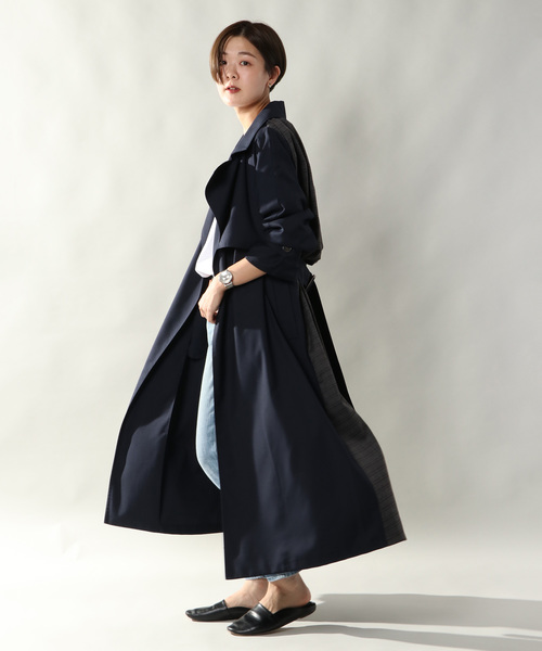 notch.(ノッチ)の「BACK CHECK LONG COAT(トレンチコート・レディース・ネイビー/ベージュ・TM/M)」の3枚目の写真