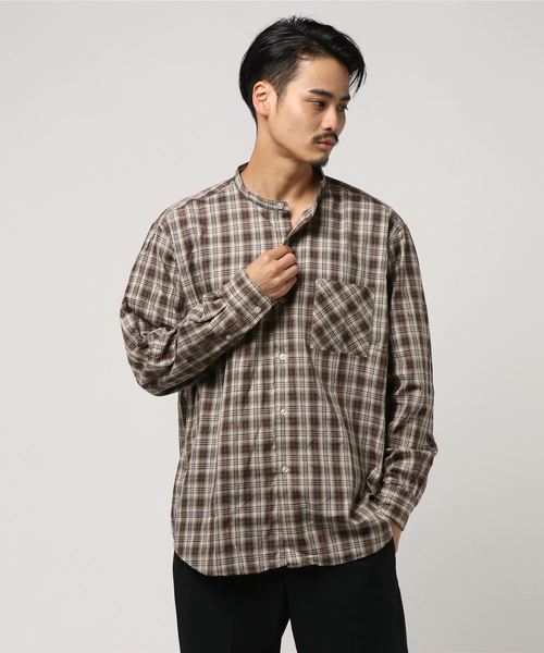 L&HARMONY（エルアンドハーモニー）の「[L&HARMONY / エルアンドハーモニー] レトロチェックルーズバンドカラーシャツ（シャツ/ブラウス・メンズ・ブラック/ベージュ・LARGE/MEDIUM）」の4枚目の写真