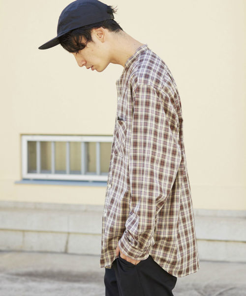 L&HARMONY（エルアンドハーモニー）の「[L&HARMONY / エルアンドハーモニー] レトロチェックルーズバンドカラーシャツ（シャツ/ブラウス・メンズ・ブラック/ベージュ・LARGE/MEDIUM）」の7枚目の写真