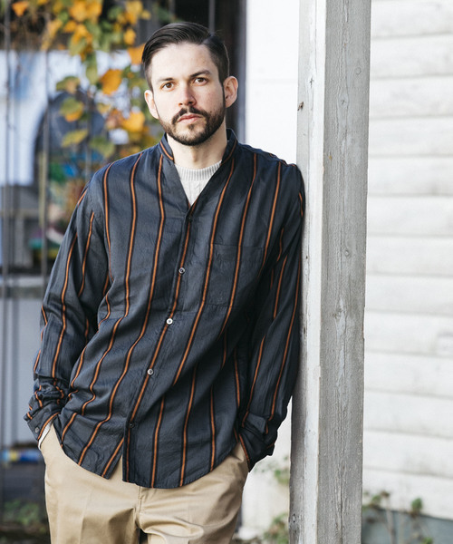 MR.OLIVE（ミスターオリーブ）の「TENCEL BREND TRADITIONAL STRIPE / STAND SKIPPER  SHIRT（シャツ/ブラウス・メンズ・ブラック/グリーン/ネイビー・SMALL/MEDIUM/LARGE）」の3枚目の写真