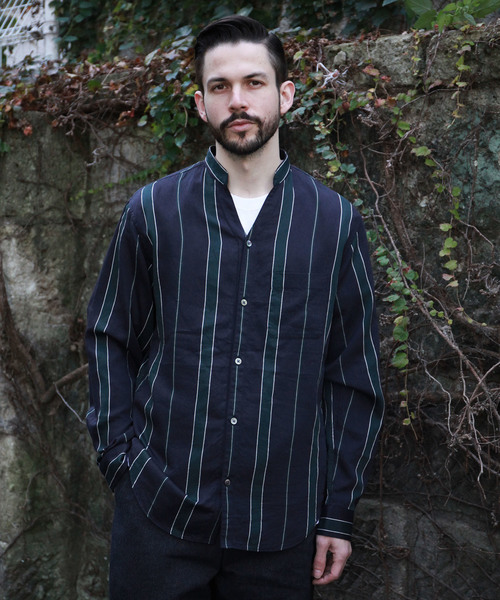 MR.OLIVE（ミスターオリーブ）の「TENCEL BREND TRADITIONAL STRIPE / STAND SKIPPER  SHIRT（シャツ/ブラウス・メンズ・ブラック/グリーン/ネイビー・SMALL/MEDIUM/LARGE）」の6枚目の写真