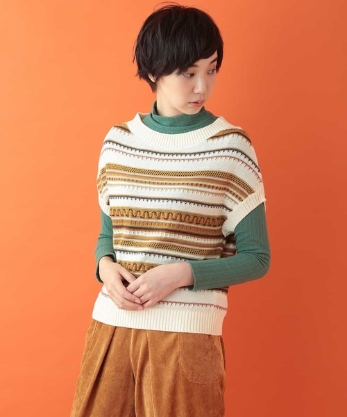 Jocomomola(ホコモモラ)の「Paso 透かしボーダーニット(ニット/セーター・レディース・ピンク/アイボリー・40)」の1枚目の写真