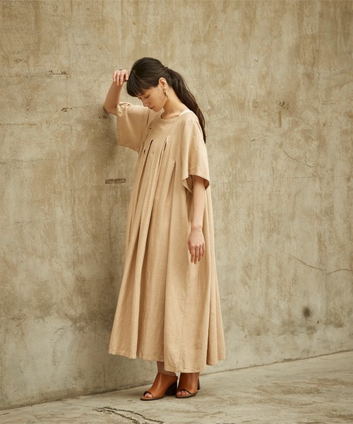 miette（ミエット）の「ﾘﾈﾝ混ﾗﾝﾀﾞﾑﾀｯｸﾛﾝｸﾞﾜﾝﾋﾟｰｽ（ワンピース・レディース・ベージュ/ブラック・FREE）」の3枚目の写真