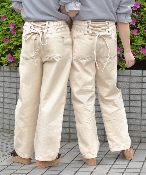PairPair（ペアペア）の「レースアップサス付パンツ（デニムパンツ・レディース・ライトベージュ/アイボリー・FREE）」の3枚目の写真