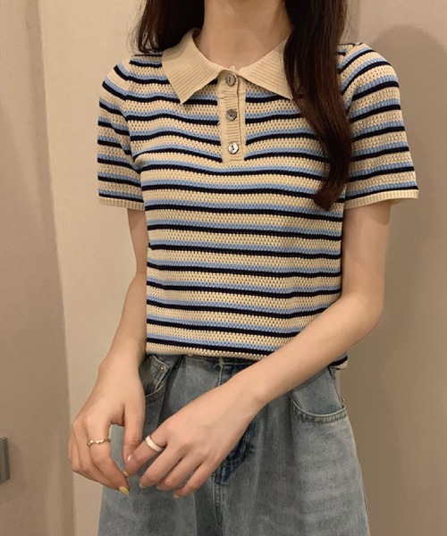 meJane（ミージェーン）の「襟配色ボーダーポロニット【ZOZOTOWN限定】（ポロシャツ・レディース・ベージュ/ネイビー/ボルドー・FREE）」の2枚目の写真