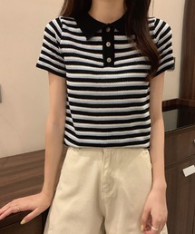 襟配色ボーダーポロニット【ZOZOTOWN限定】