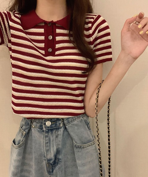 meJane（ミージェーン）の「襟配色ボーダーポロニット【ZOZOTOWN限定】（ポロシャツ・レディース・ベージュ/ネイビー/ボルドー・FREE）」の3枚目の写真