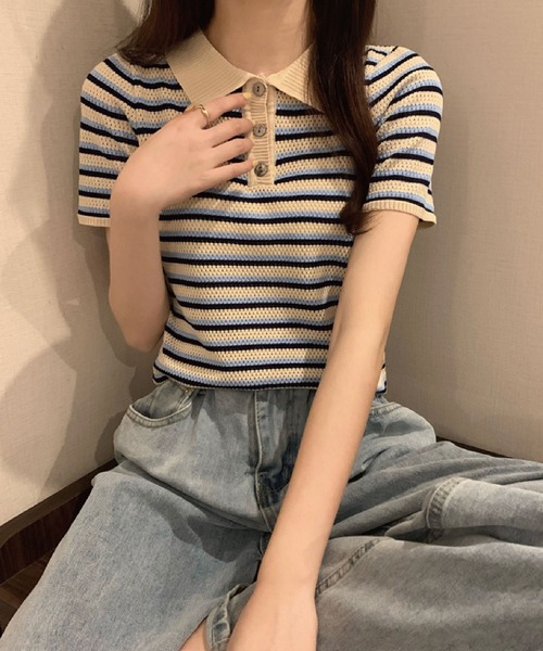 meJane（ミージェーン）の「襟配色ボーダーポロニット【ZOZOTOWN限定】（ポロシャツ・レディース・ベージュ/ネイビー/ボルドー・FREE）」の5枚目の写真