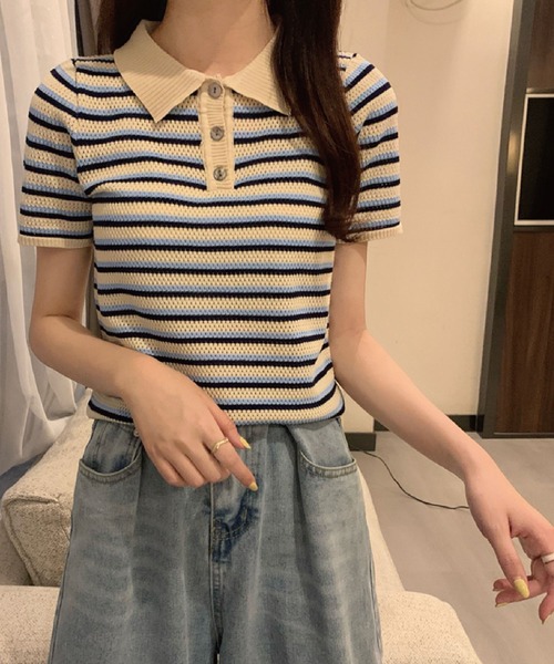 meJane（ミージェーン）の「襟配色ボーダーポロニット【ZOZOTOWN限定】（ポロシャツ・レディース・ベージュ/ネイビー/ボルドー・FREE）」の8枚目の写真