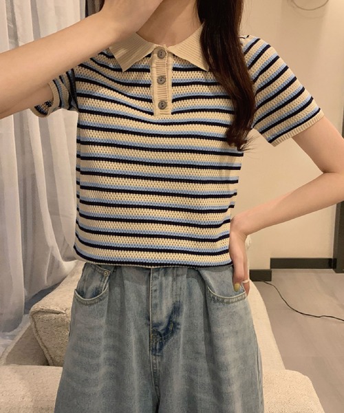 meJane（ミージェーン）の「襟配色ボーダーポロニット【ZOZOTOWN限定】（ポロシャツ・レディース・ベージュ/ネイビー/ボルドー・FREE）」の9枚目の写真
